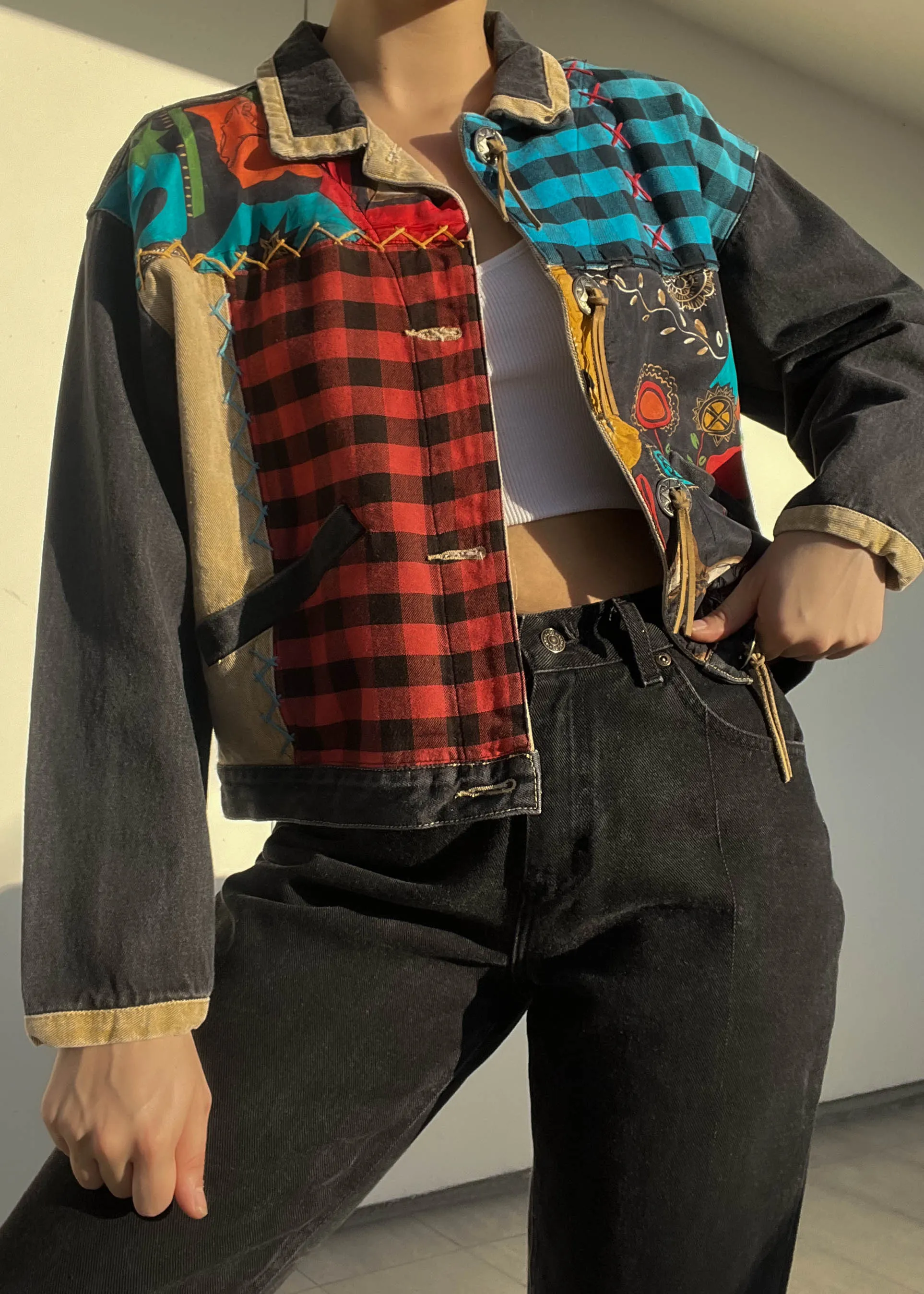 90's Fun Patchwork Denim Jacket (M)