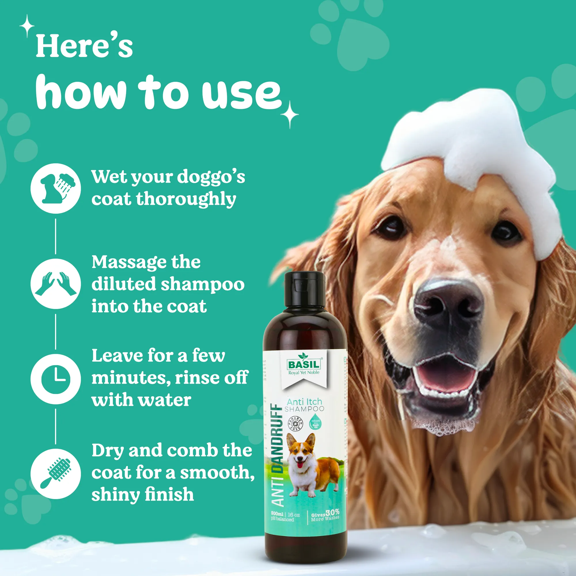 BASIL Anti-Dandruff Pet Shampoo, Herbal Anti-Itch Shampoo for Dogs and Puppies