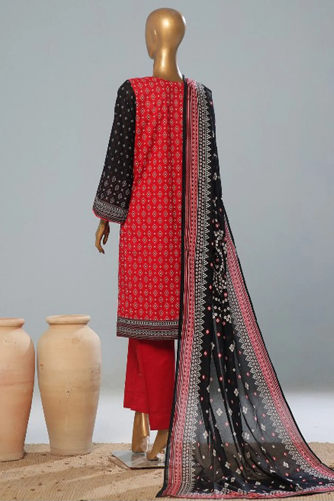 Bin Saeed Stitched 3 Piece Exclusive Printed Lawn Vol-08 Collection'2024-SM-1162-Red