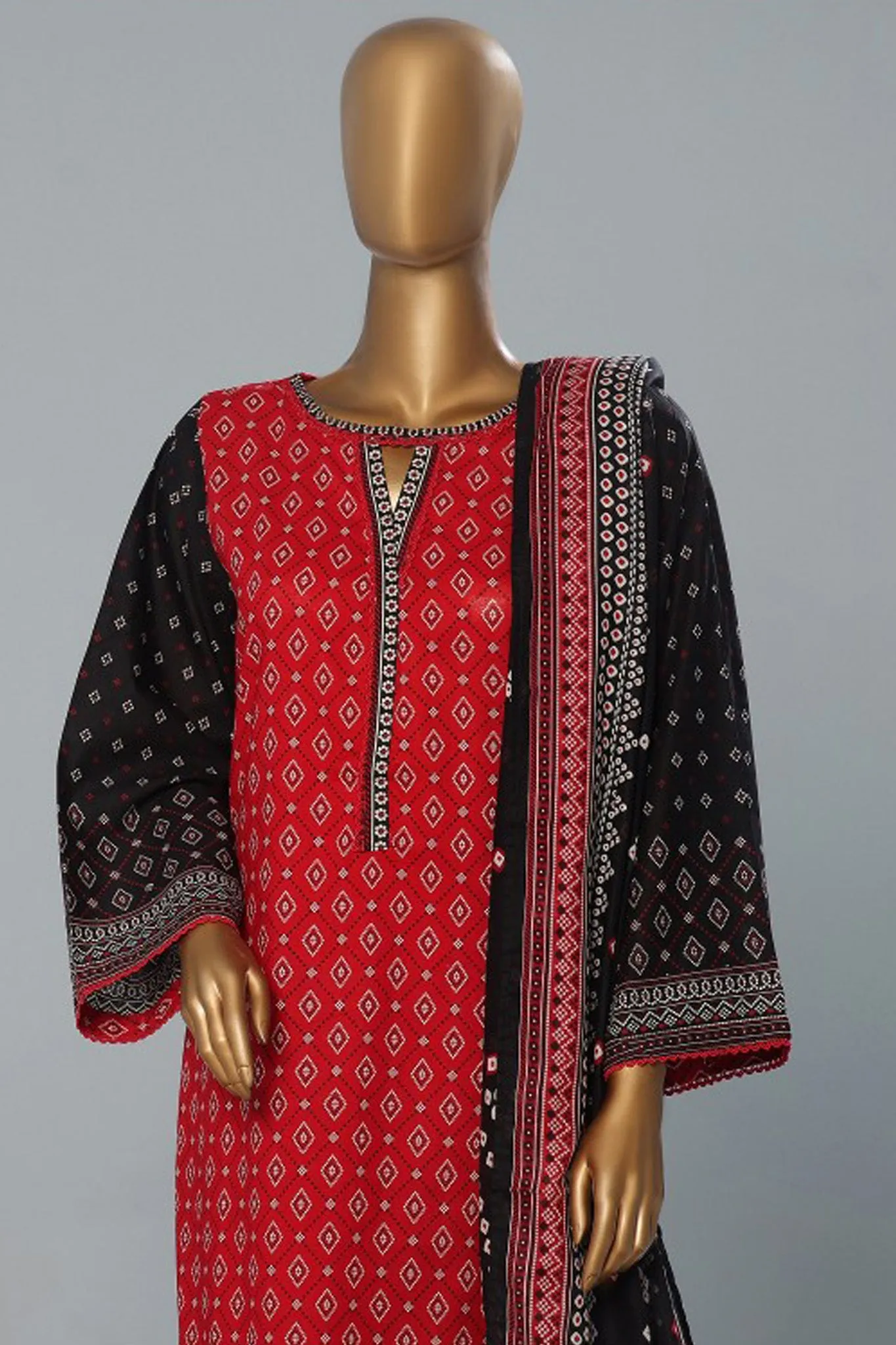 Bin Saeed Stitched 3 Piece Exclusive Printed Lawn Vol-08 Collection'2024-SM-1162-Red