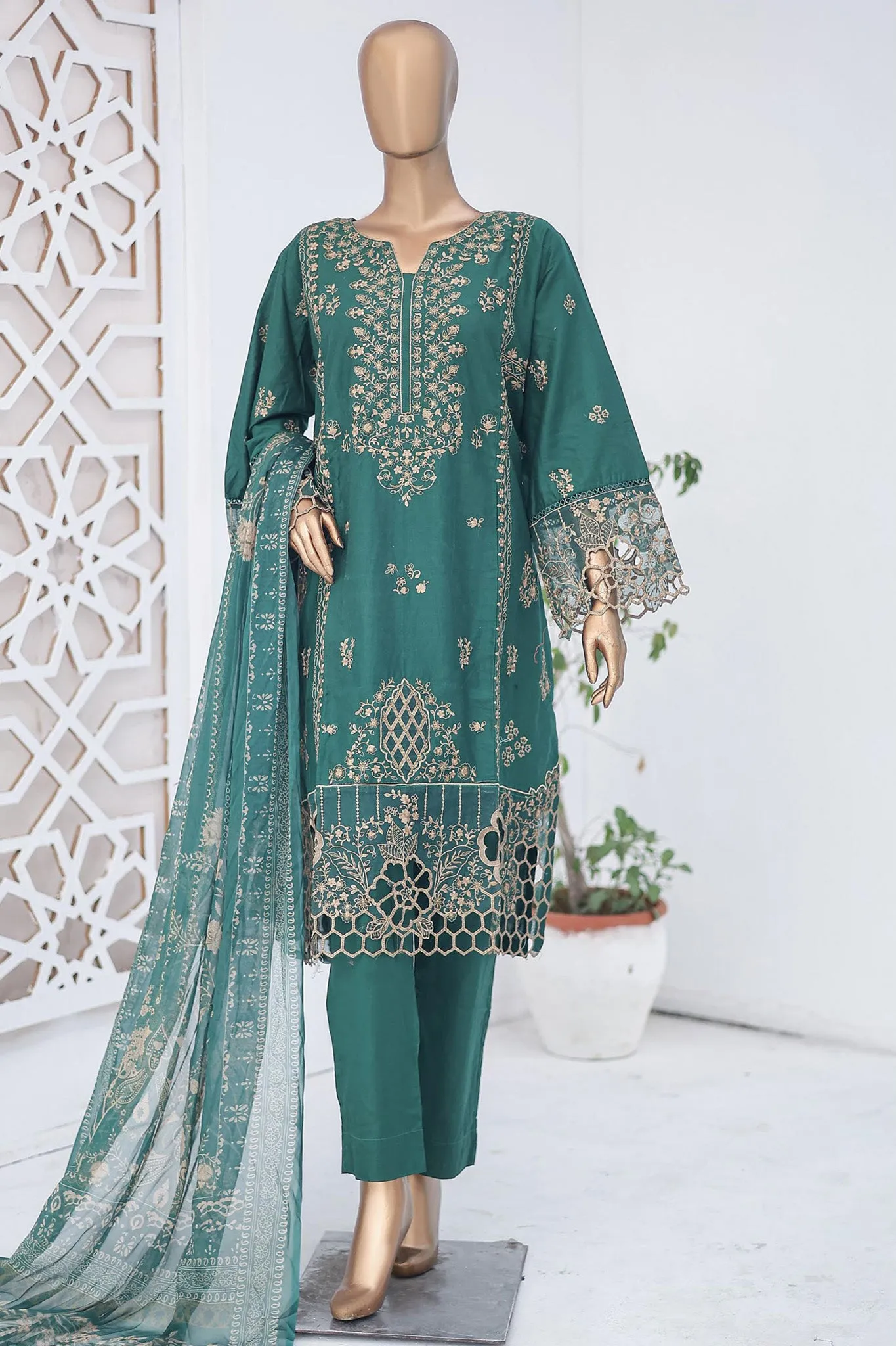 Bin Saeed Stitched 3 Piece Luxury Emb Cotton Collection'2024-LF-955-Dark Green