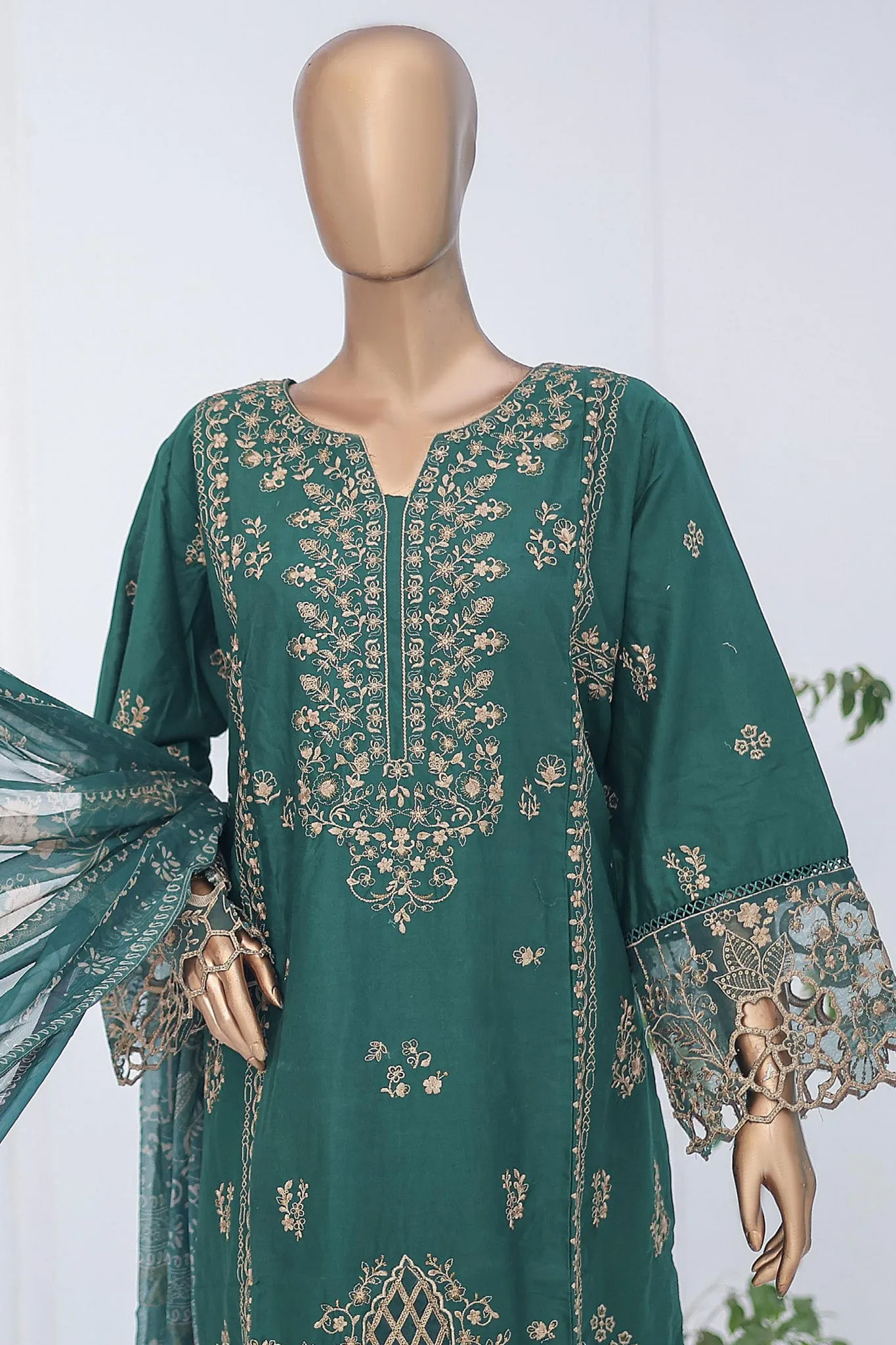 Bin Saeed Stitched 3 Piece Luxury Emb Cotton Collection'2024-LF-955-Dark Green