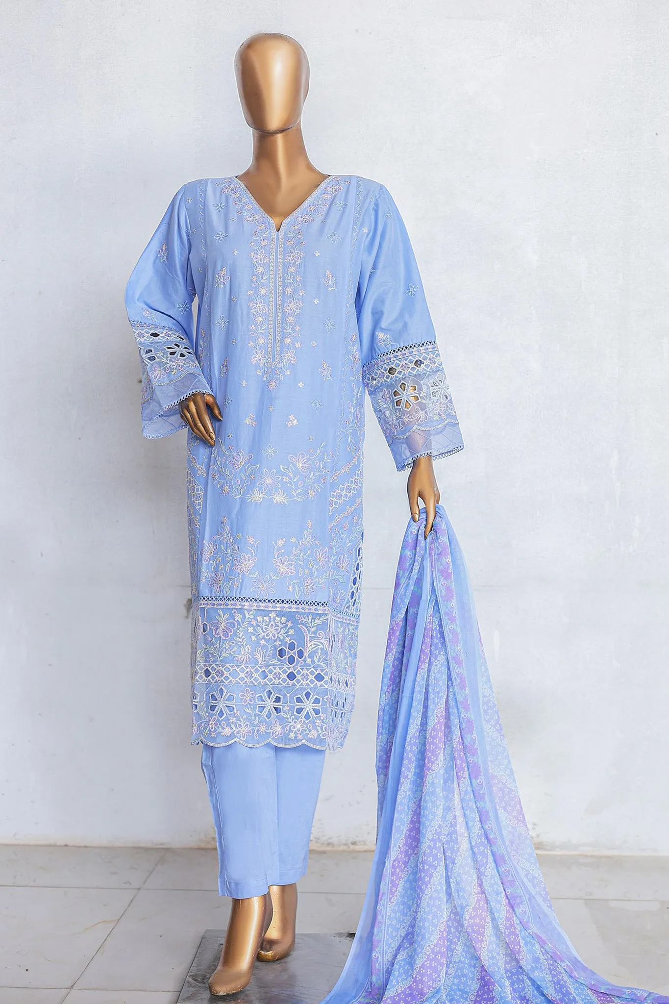 Bin Saeed Stitched 3 Piece Luxury Emb Cotton Vol-03 Collection'2024-LF-1055-Ferozi