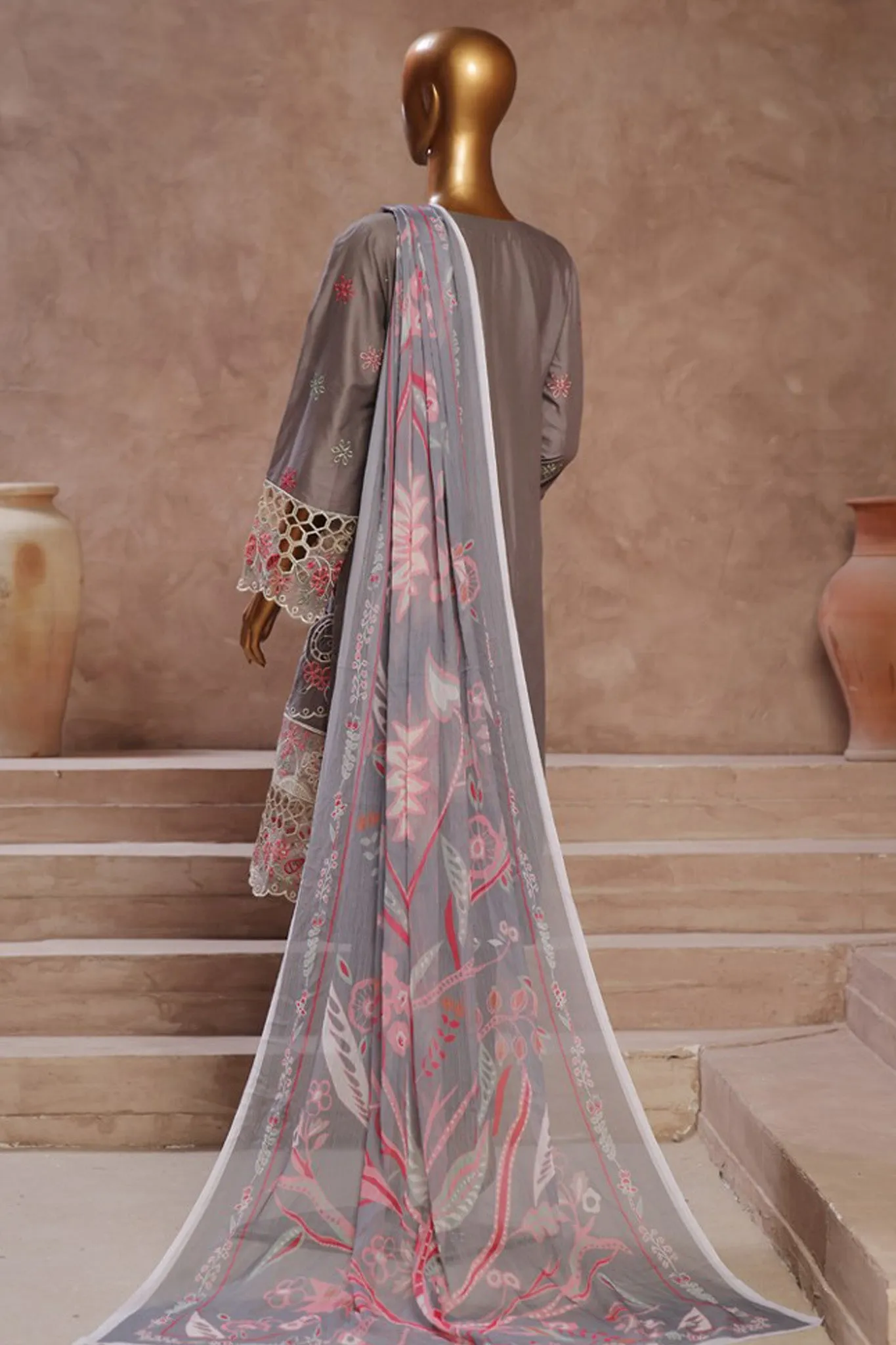 Bin Saeed Stitched 3 Piece Luxury Emb Cotton Vol-05 Collection'2024-LF-1199-Grey