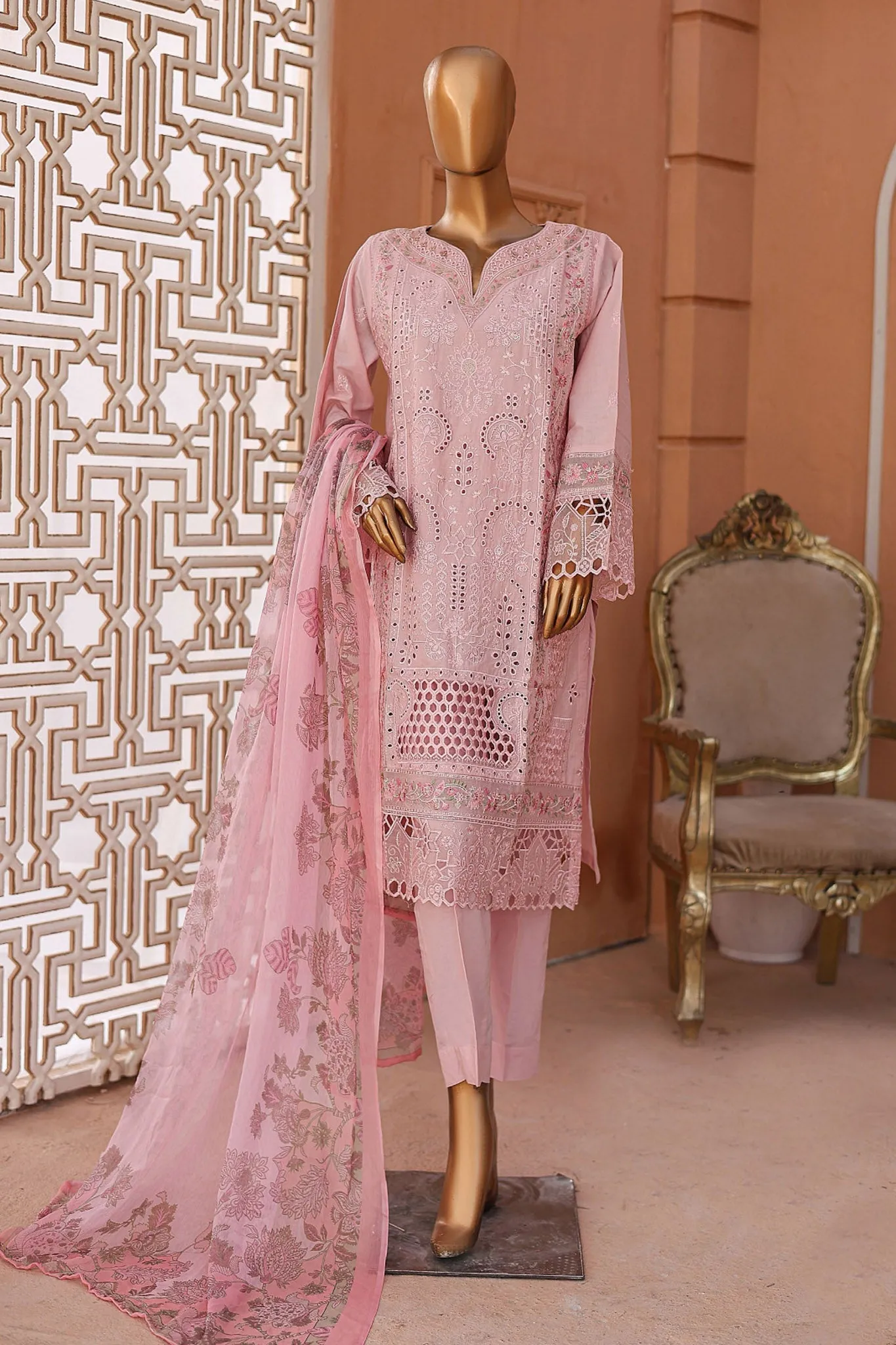 Bin Saeed Stitched 3 Piece Luxury Emb Lawn Collection'2024-LF-649-Pink