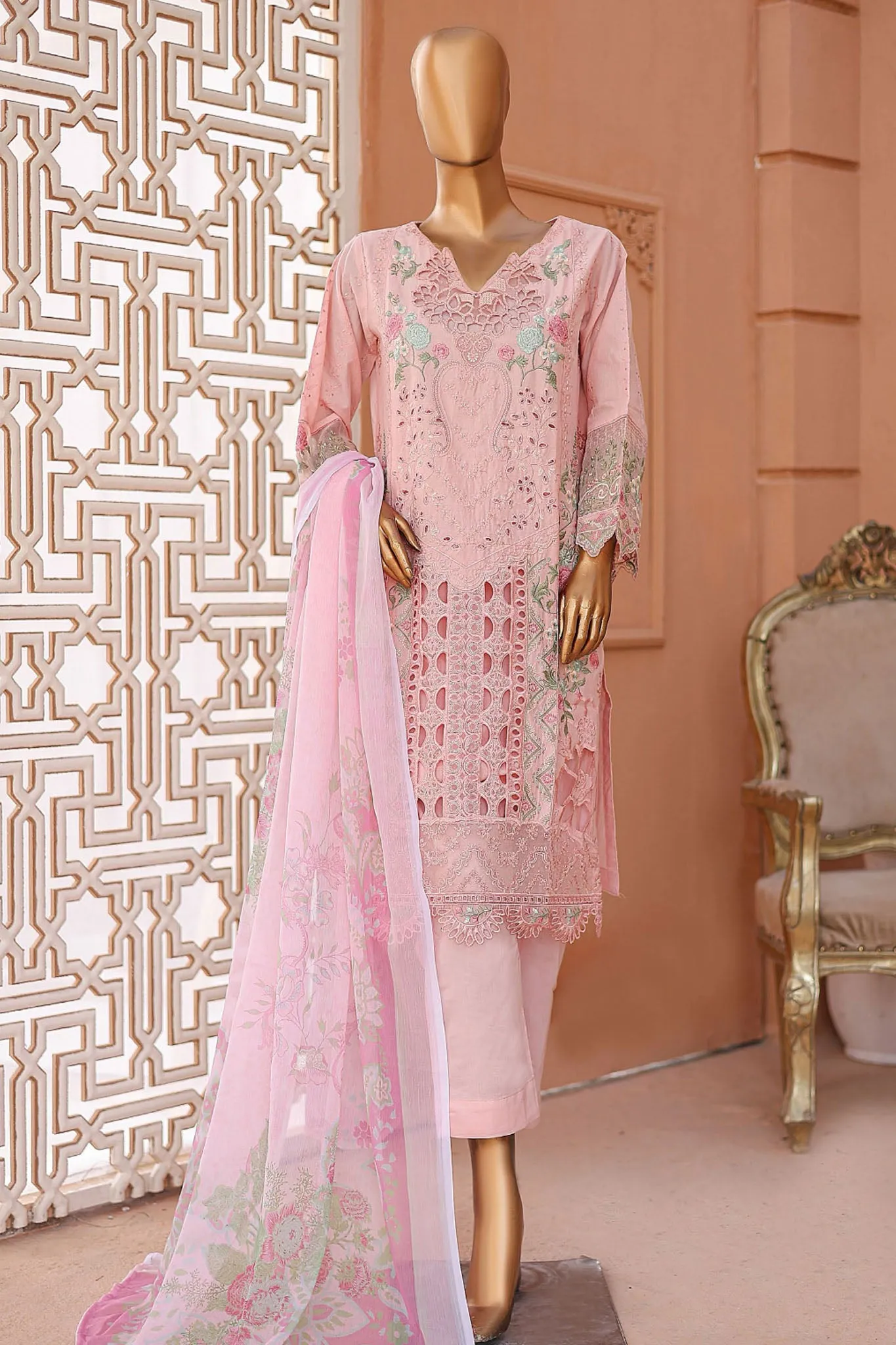 Bin Saeed Stitched 3 Piece Luxury Emb Lawn Collection'2024-LF-744-Pink