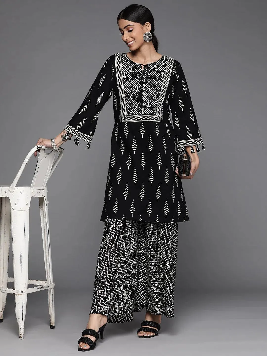 Black Printed Cotton A-Line Kurta With Palazzos