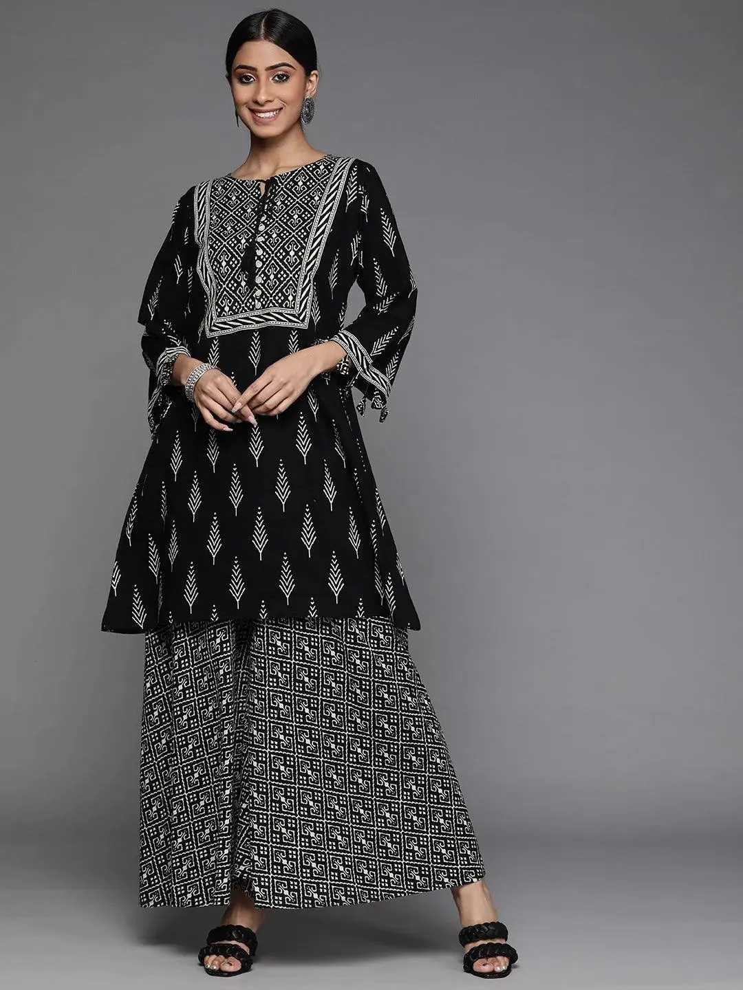 Black Printed Cotton A-Line Kurta With Palazzos