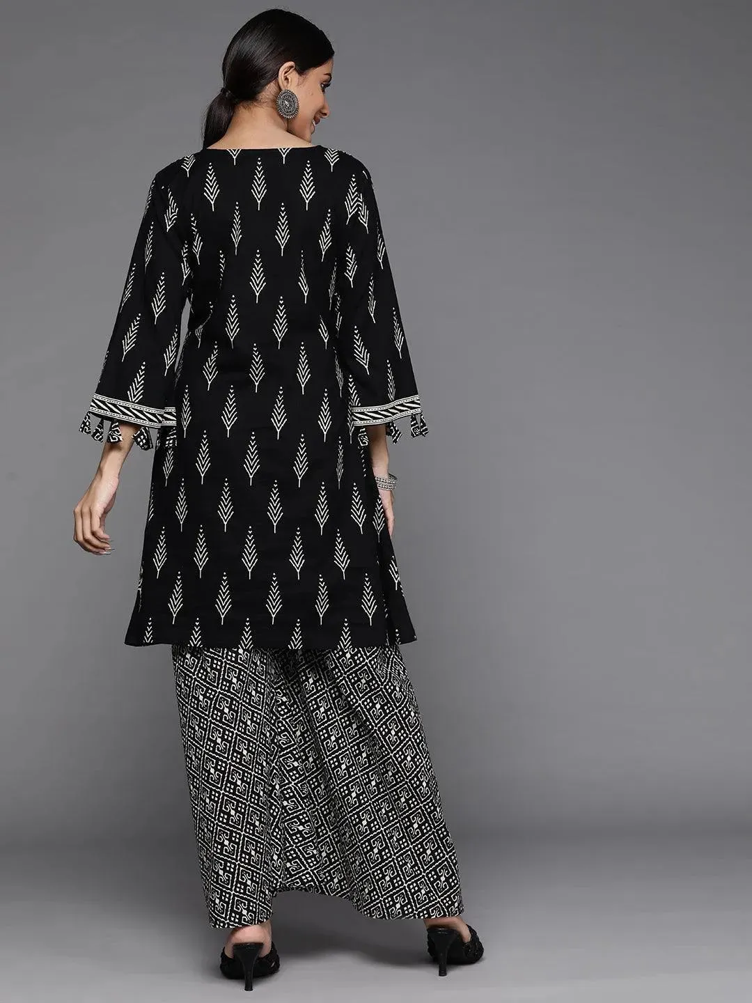 Black Printed Cotton A-Line Kurta With Palazzos