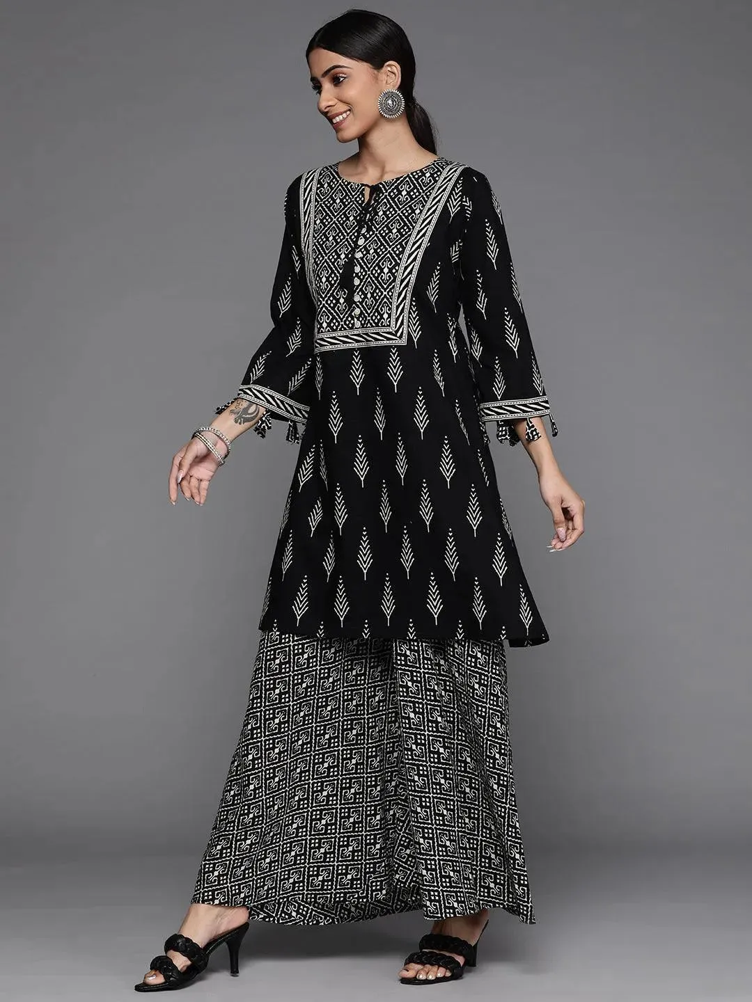 Black Printed Cotton A-Line Kurta With Palazzos