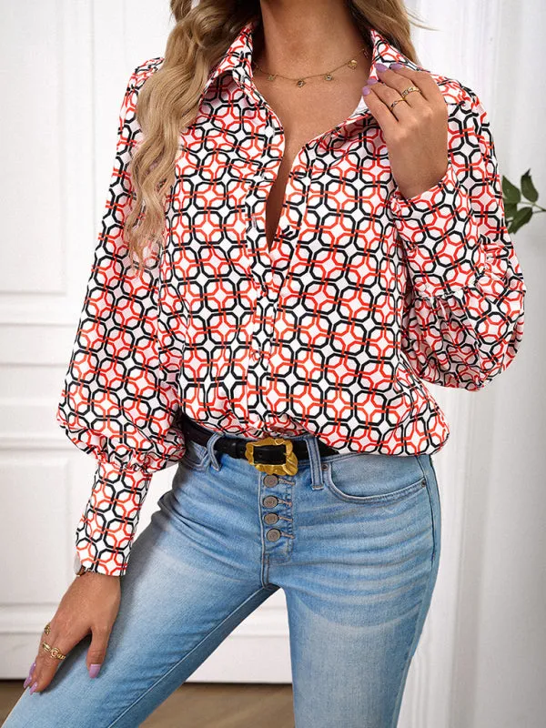 Bohemian Printed Loose Lantern Sleeve Blouse