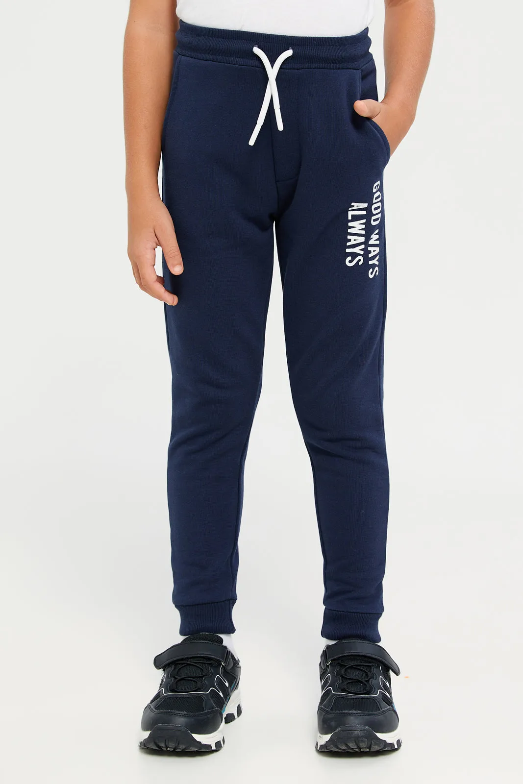 Boys Navy And Ecru Printed Track Pants (Pack Of 2)