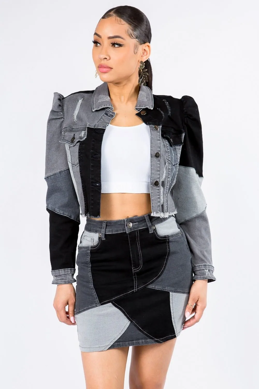 Button Up Cropped Patchwork Denim Jacket in Black