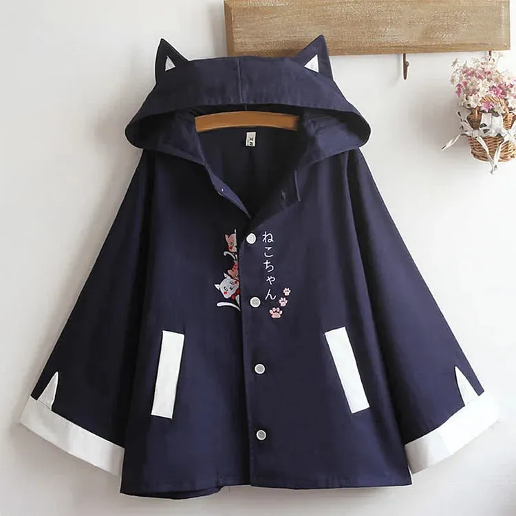 Cartoon Cat Hideout Embroidery Zipper Hoodie Coat