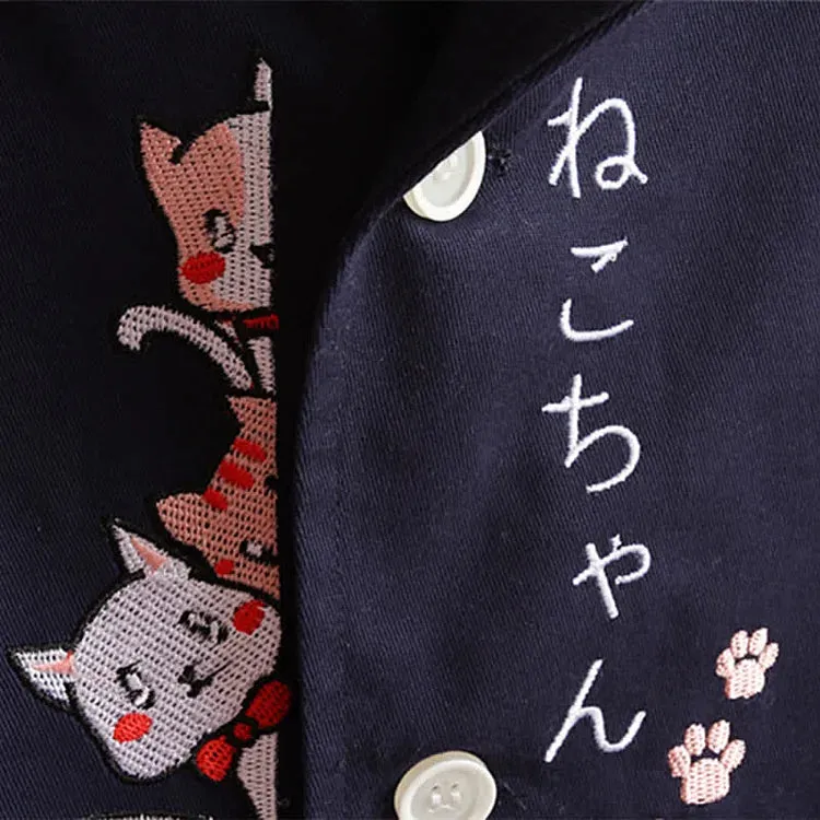 Cartoon Cat Hideout Embroidery Zipper Hoodie Coat