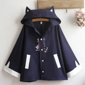 Cartoon Cat Hideout Embroidery Zipper Hoodie Coat