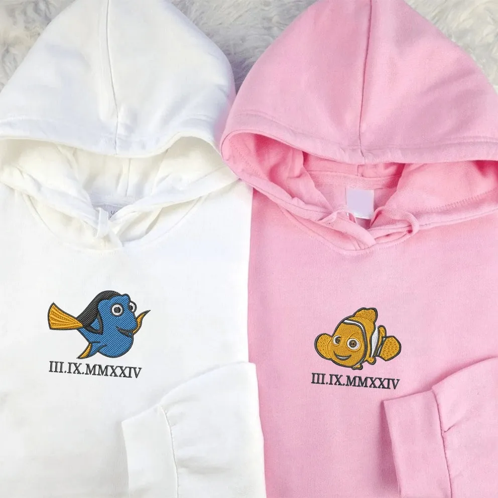 Cartoon Fish Couple Roman Numeral Hoodie - Custom Embroidered Matching Hoodies For Couples