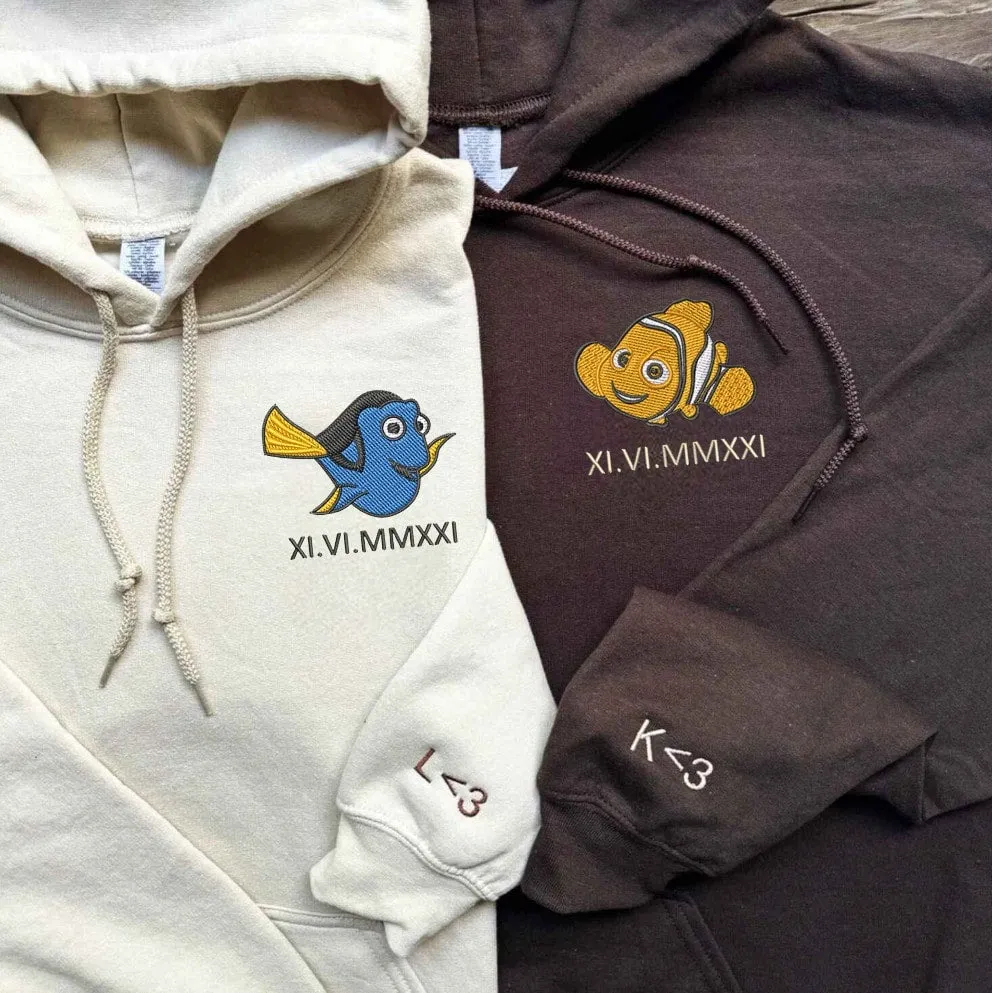 Cartoon Fish Couple Roman Numeral Hoodie - Custom Embroidered Matching Hoodies For Couples