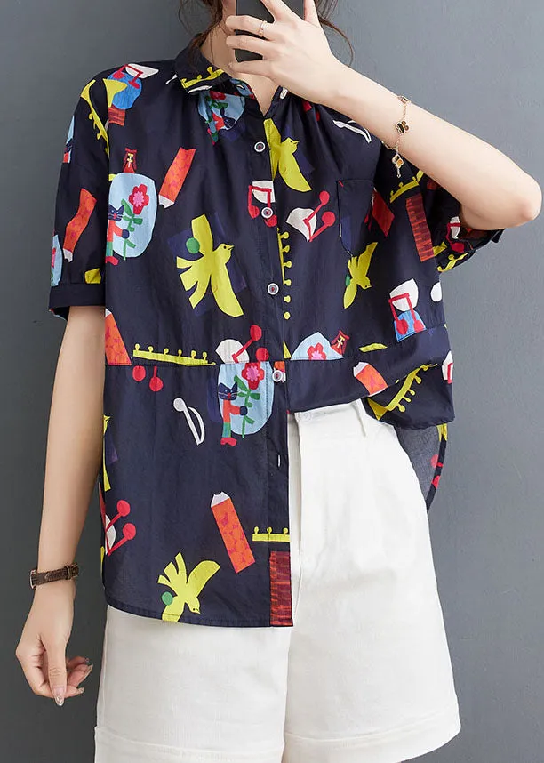 Casual Blue Peter Pan Collar Print Patchwork Cotton Shirts Top Summer LY3967