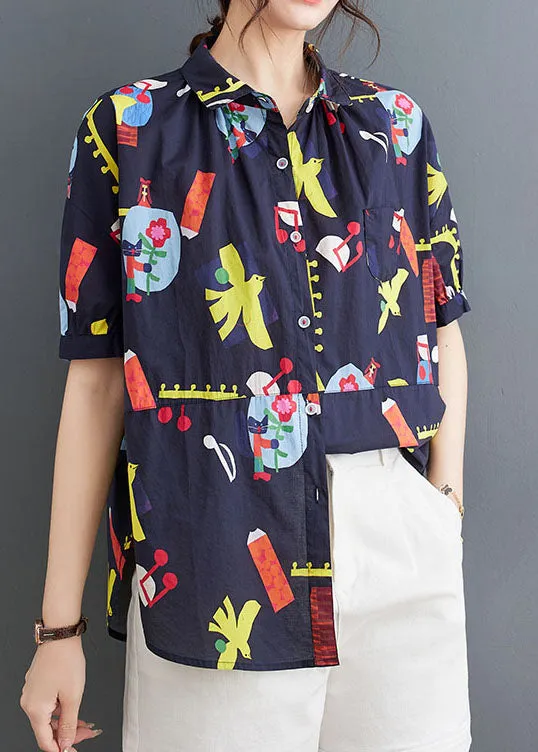 Casual Blue Peter Pan Collar Print Patchwork Cotton Shirts Top Summer LY3967