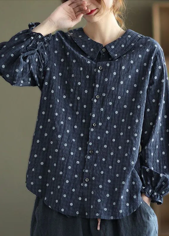 Casual Navy Button Peter Pan Collar dot Print Shirt Top lantern sleeve