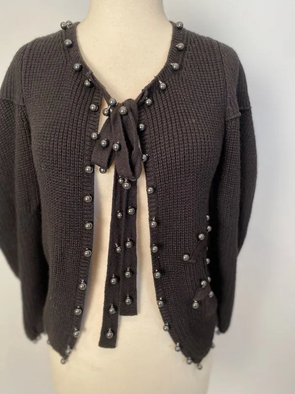 Chanel 09P 2009 Spring black CC logo knit silk cardigan with grey pearls FR 36 US 4