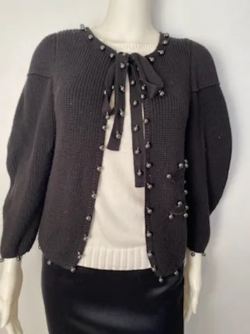 Chanel 09P 2009 Spring black CC logo knit silk cardigan with grey pearls FR 36 US 4