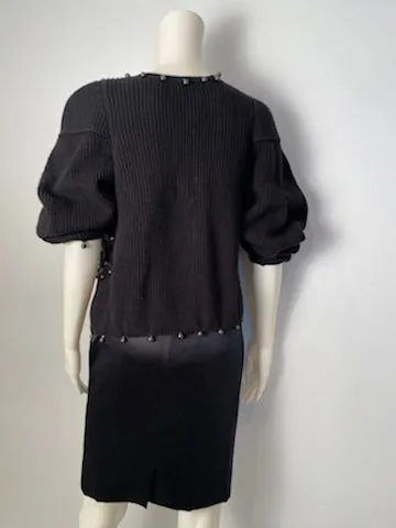 Chanel 09P 2009 Spring black CC logo knit silk cardigan with grey pearls FR 36 US 4