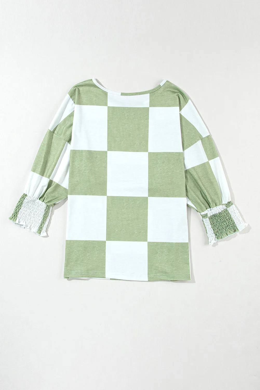 Checkered Round Neck Lantern Sleeve Top