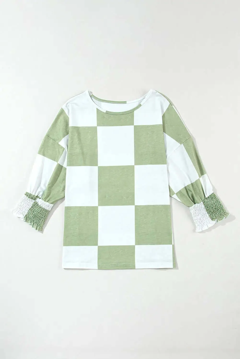 Checkered Top with Round Neck & Lantern Sleeves