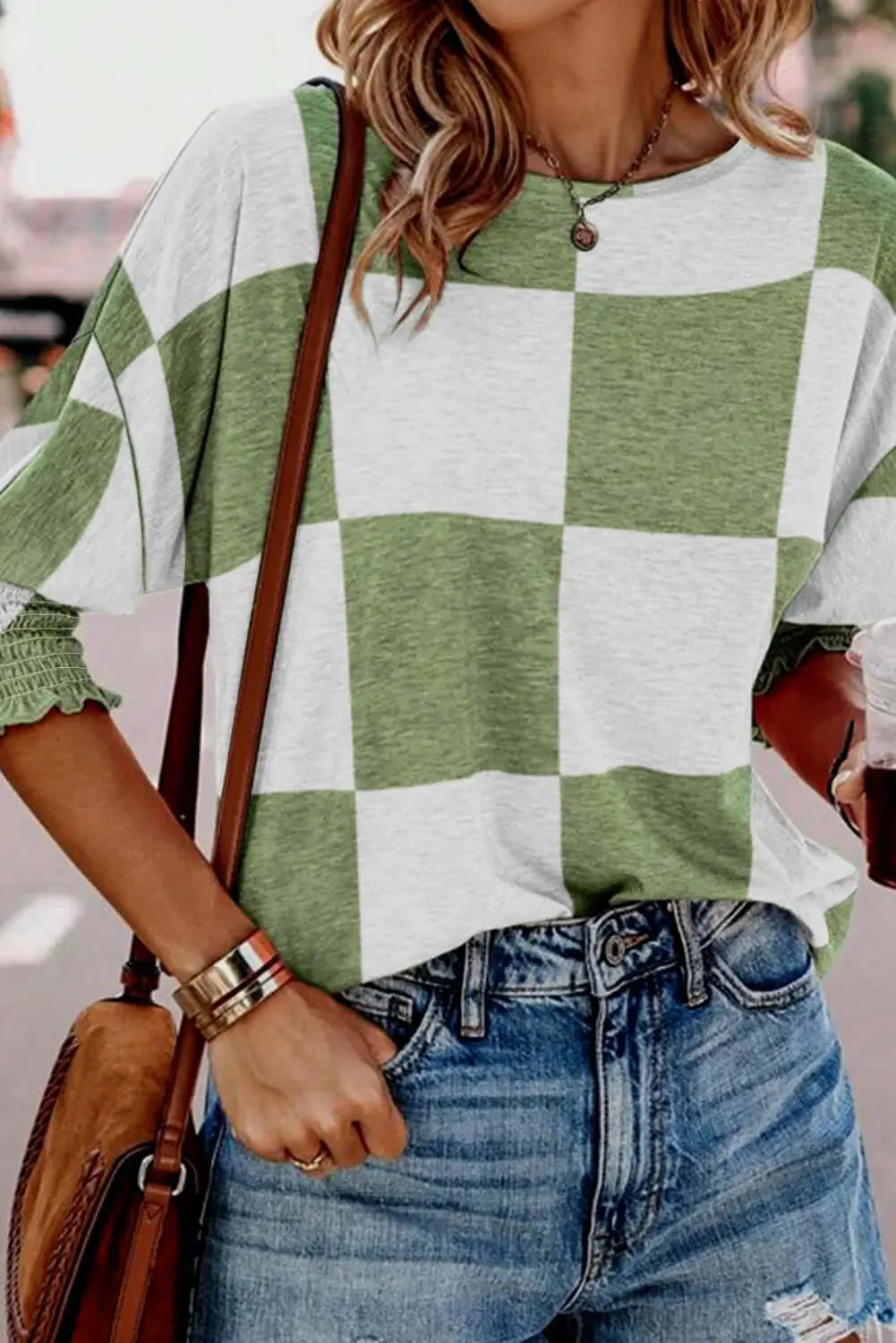 Checkered Top with Round Neck & Lantern Sleeves