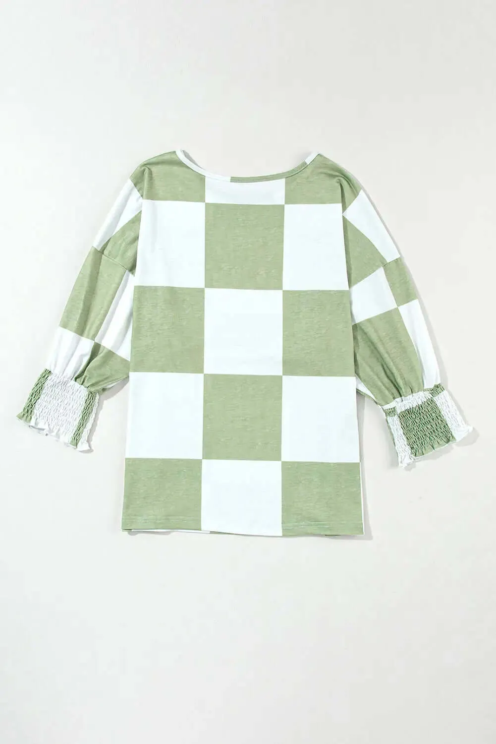 Checkered Top with Round Neck & Lantern Sleeves