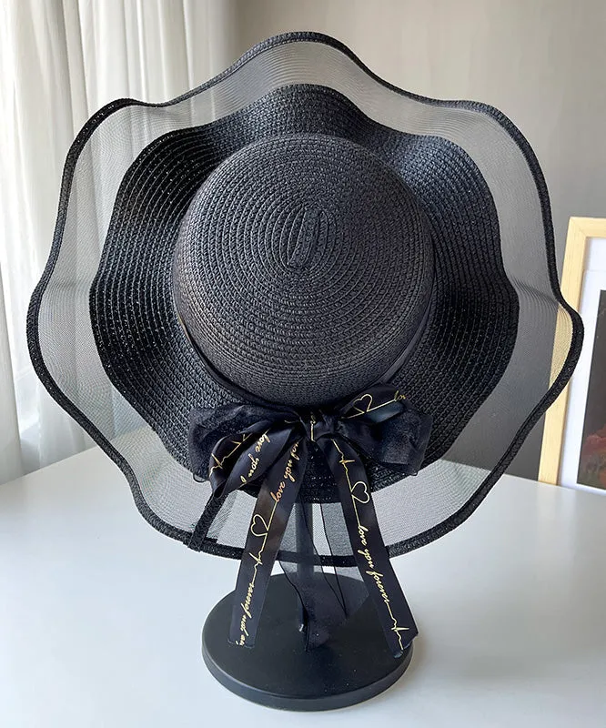 Chic White Tulle Patchwork Bow Straw Woven Floppy Sun Hat