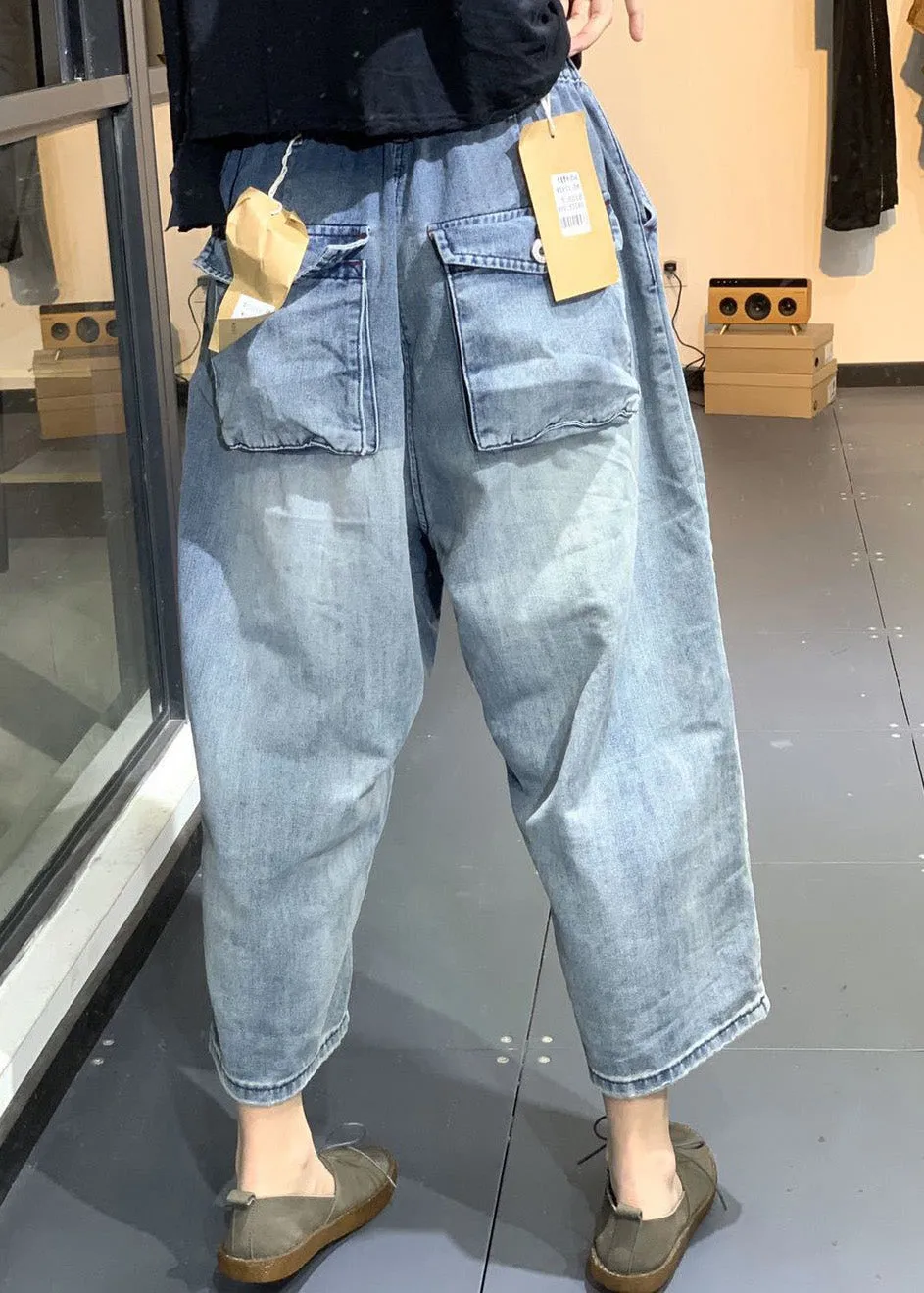 Classy Blue Patchwork High Waist Denim Crop Pants Summer LY4917