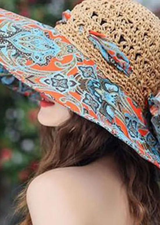 Classy Khaki Bow Print Patchwork Straw Woven Floppy Sun Hat LC0553