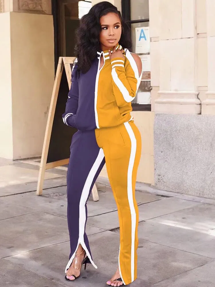 Color Block Cold Shoulder Tracksuit Two Piece Outfits