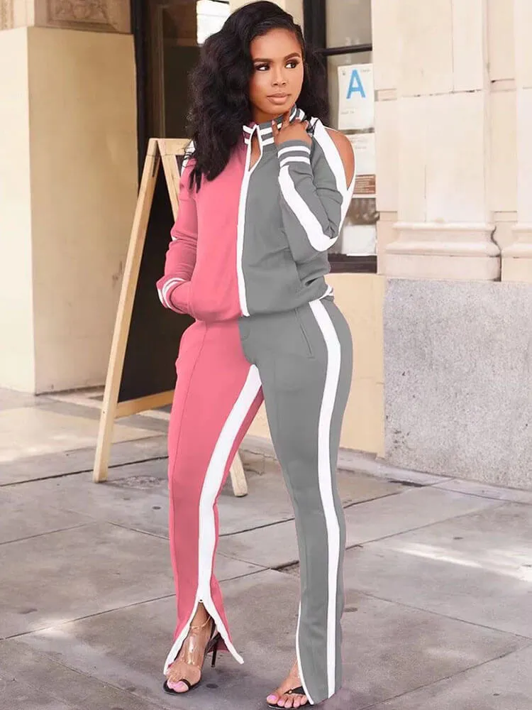 Color Block Cold Shoulder Tracksuit Two Piece Outfits