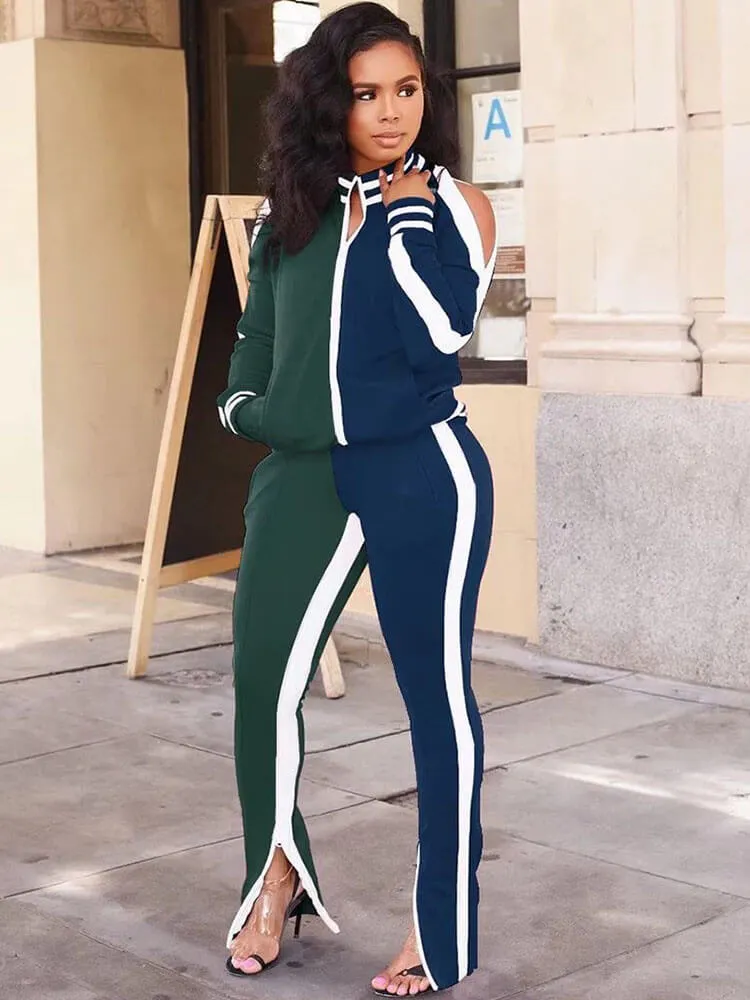 Color Block Cold Shoulder Tracksuit Two Piece Outfits