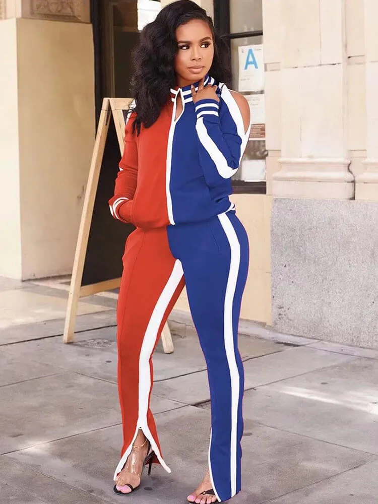 Color Block Cold Shoulder Tracksuit Two Piece Outfits