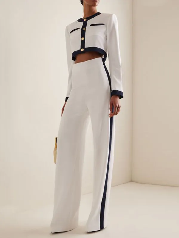 Contrast Color High Waisted Wide Leg Suit Pants