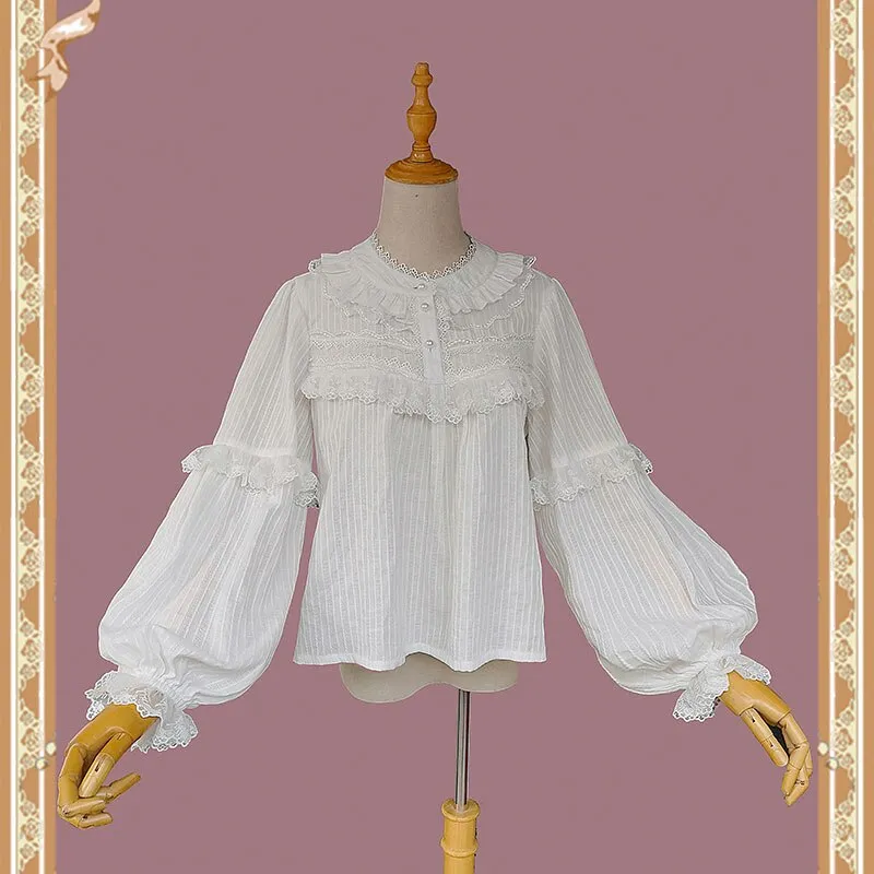 Cotton Cloud ~ White Lolita Blouse Long Lantern Sleeve Top by Infanta