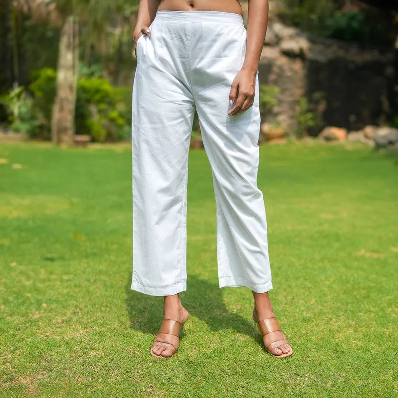 Cotton White Straight Pants for Women | Ankle Length