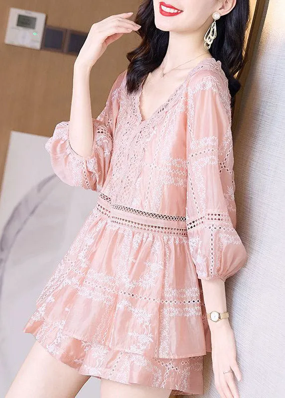 Cute Pink V Neck Lace Patchwork Chiffon Shirts And Shorts Two Piece Set Summer LY4433