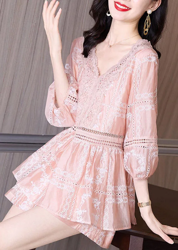 Cute Pink V Neck Lace Patchwork Chiffon Shirts And Shorts Two Piece Set Summer LY4433