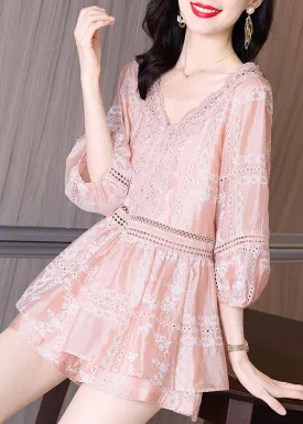 Cute Pink V Neck Lace Patchwork Chiffon Shirts And Shorts Two Piece Set Summer LY4433