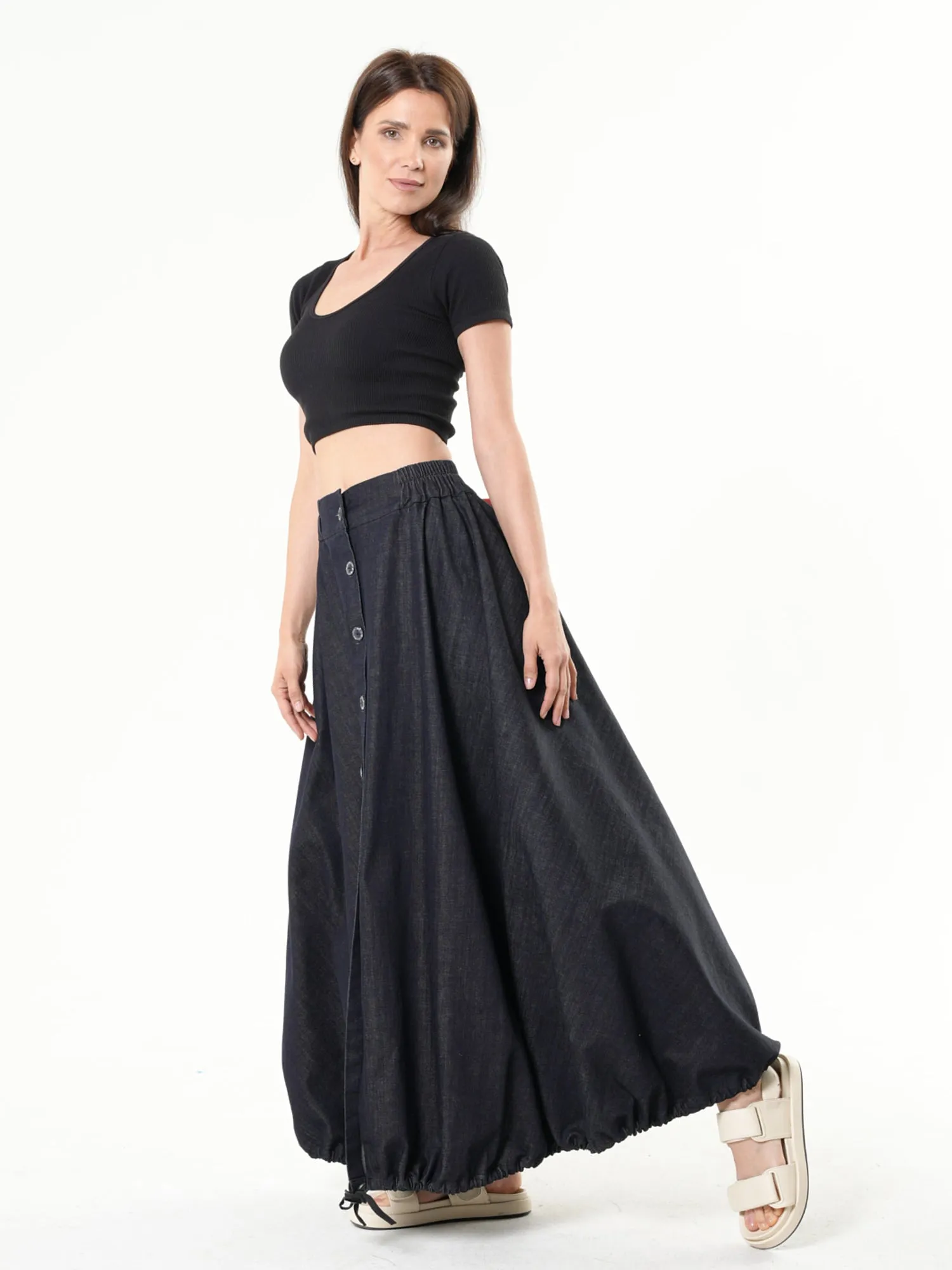 Dark Denim Skirt With Linen