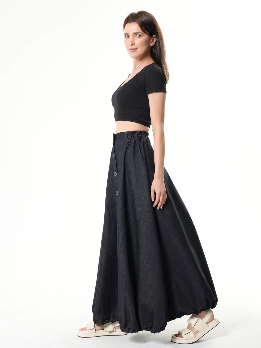 Dark Denim Skirt With Linen