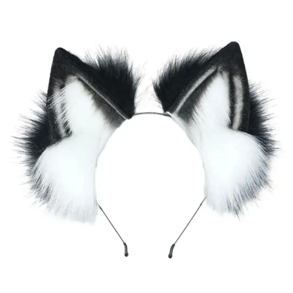 Deluxe Faux Plush Fur Animal Ears Headband - Black White Cat