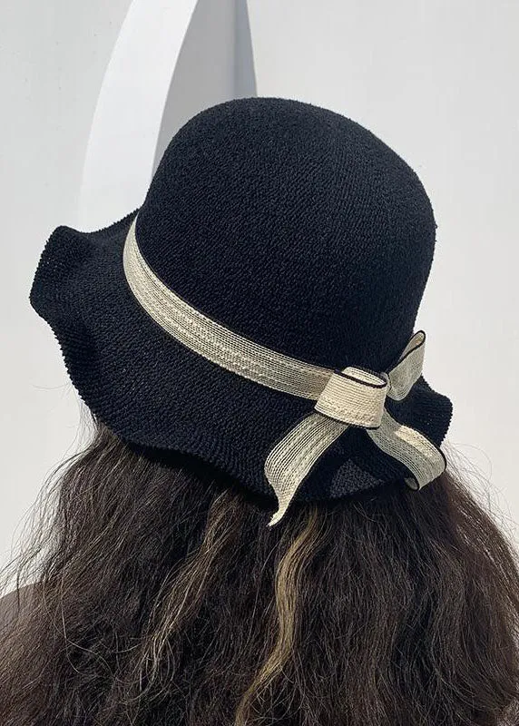 DIY Black Bow Patchwork Straw Woven Bucket Hat LC0548