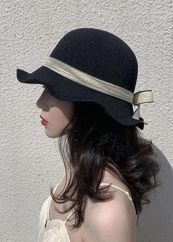 DIY Black Bow Patchwork Straw Woven Bucket Hat LC0548